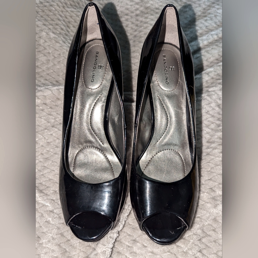 Black Leather Toe Peep Heels